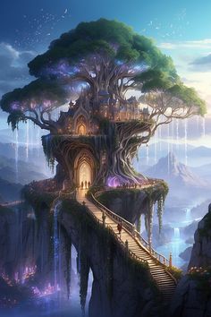 a fantasy tree house on top of a cliff with stairs leading up to the entrance