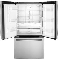 an open refrigerator with its door wide open and it's freezer is shown