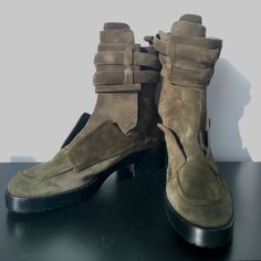 Brand New Without Box Balenciaga Double Buckle Combat Boots With Zipper. These Are Beautiful Boots With A Soft Black Leather Lining And Green Suede Upper. Never Worn Been In Storage Since Purchased Suede Combat Boots, Shoes Balenciaga, Balenciaga Women, Balenciaga Shoes, Beautiful Boots, Green Suede, Moto Boots, Soft Black, Black Green