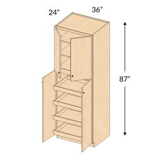 the measurements for an armoire cabinet with drawers and shelves on each side is shown