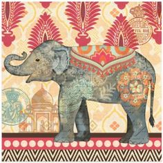 an elephant is standing in front of a wallpaper with red and orange designs on it