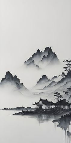 an ink painting of mountains and trees in the foggy mist by a body of water