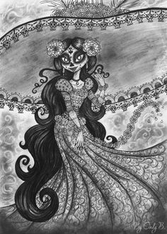 a black and white drawing of a woman with long hair in a dress, holding a bird