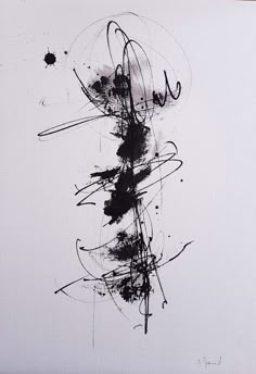 an abstract black and white painting on paper