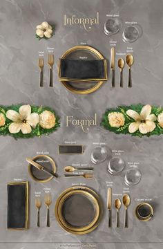 an image of a table setting with gold and silver plates, knives, spoons, forks