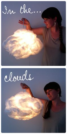 two pictures showing how to make clouds in the air with light bulbs on each side