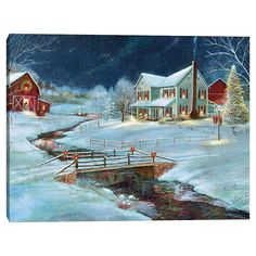 a painting of snow covered houses and a bridge