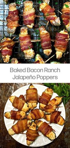 bacon ranch jalapeno poppers on a white plate with the title above it