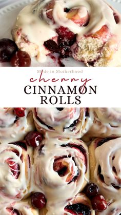 A cherry cinnamon roll topped with cream cheese frosting. Cherry Cinnamon Rolls, Cherry Rolls, Homemade Cherry Pie Filling, Homemade Cherry Pie, Cherry Recipes, Cinnamon Rolls Homemade, Cinnamon Rolls Recipe