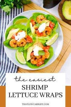 shrimp lettuce wraps on a plate with avocado