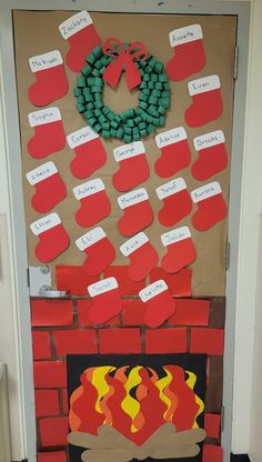 a bulletin board with fire and wreath on it