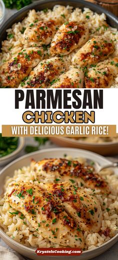 parmesan chicken with delicious garlic rice in a pan