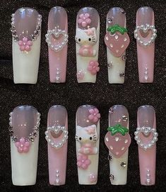 Paznokcie Hello Kitty, Fake Nails Designs, Girly Acrylic Nails, Cute Acrylic Nail Designs, Hello Kitty Nails, Pretty Gel Nails, Really Cute Nails, Soft Nails, Cat Nails