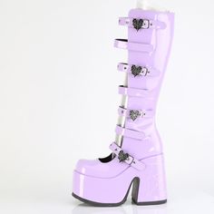 5" Heel, 3" Platform Gothic Knee High Boots. Open Front Design. Alternating Eyelet Heart Spider Web Buckle Strap. Hook And Loop Strap Closures And An Embroidered Spider Web Detail On The Back Of The Heel. Inside Metal Zipper Closure. Lavender Purple Faux Patent Leather. Styles: Goth Halloween Festival Spiderweb Punk Emac-223 Cutecore Gore, Heart Spider Web, Embroidered Spider, 70s Platform Shoes, Heart Spider, Medieval Boots, Pirate Boots, 7 Inch Heels, Dark Vibes