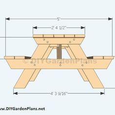 a drawing of a picnic table with measurements for the top and bottom section, including three legs