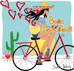 a woman riding a bike with a mexican hat on her head and the words i love you written above it