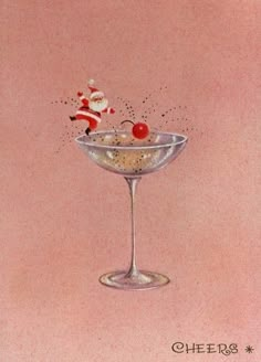 a christmas card with an image of santa in a martini glass and the words, let the celebrating begin