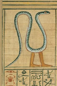 an egyptian painting with a snake on it's head and writing in the background