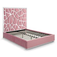 a pink bed with white and black lines on the headboard, in front of a white background