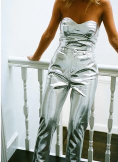 Sorority Rush Outfits, Rush Outfits, Silver Outfits, Silver Pants, Audrey Dress, Silk Satin Dress, Metallic Pants, Metal Clothing, Long Sleeve Knit Dress