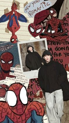 a man standing in front of a collage of spiderman pictures