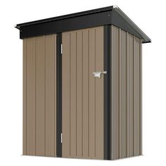 a brown and black shed with the door open