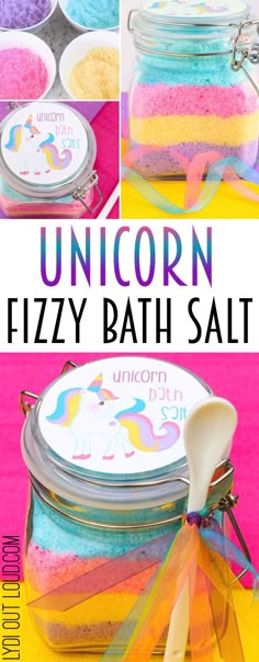 unicorn fizzy bath salt in a jar with spoons and ribbon on the side