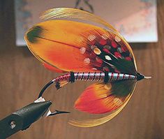 an orange and black feathered fish flies through the air next to a pair of pliers