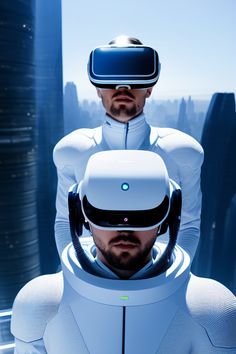 two men wearing virtual headsets in front of a city