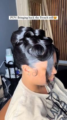 VoiceOfHair ®️ on Instagram: "The classics are making a comeback😍  @theserenityhairandspa is taking us back to the 90s with this classic look👌🏾 Love the details from the pin curls to the rhinestones👏🏾 Perfect for a wedding style or formal event❤️  Would you rock it?✨voiceofhair   #miamihairstylist #updo #formalhair #weddignhair #promhair #curlybun #ponytails #silkpress #hairtutorials #pincurls #90style  #90shair #frenchroll #retrohair" Silk Press Updo Hairstyles, Hair Crunches, Updo With Bangs For Black Women, Pin Curls For Black Women, Natural Hair Updo Wedding, Wedding Fairytale, Pinup Hair