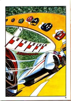 a drawing of a race car going down the track with other cars in the background