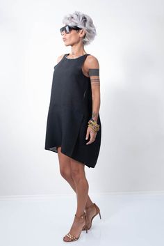 Tunic Dress, Oversize Dress, Linen Dress, Little Black Dress, Midi Dress Casual Beach Dress With Back Zipper, Black A-line Sleeveless Dress With Back Zipper, Casual Black Asymmetrical Sleeveless Dress, Black Sleeveless Mini Dress With Side Zipper, Black Summer Dresses With Side Zipper, Black Summer Dress With Side Zipper, Casual Black Dress With Back Zipper, Summer Sleeveless Black Dress With Asymmetrical Hem, Black Sleeveless Summer Dress With Asymmetrical Hem