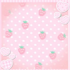 a pink wallpaper with hearts and strawberries on the bottom, in front of a polka dot background