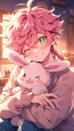 a person with pink hair holding a bunny