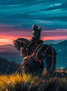 a man riding on the back of a horse in front of a colorful sky at sunset