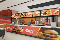 a fast food restaurant with menus on the wall