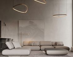 a modern living room with white couches and round lights