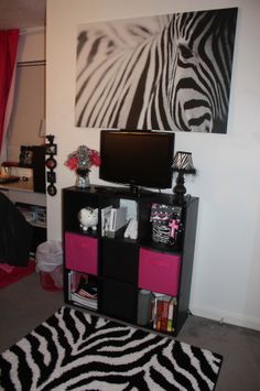 a zebra print wall hanging in a bedroom next to a black and white rug on the floor