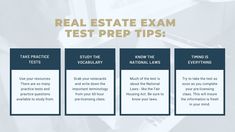 the real estate exam test prep tips are shown in this screenshoter's image