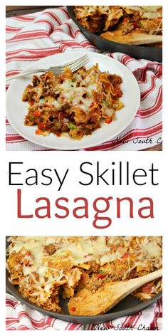 an easy skillet lasagna recipe with meat and cheese in it is ready to be eaten