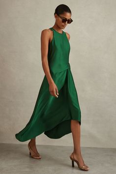 Dark Green Dress, Green Midi Dress, Green Satin, Dresses Uk, Petite Dresses, Workwear Dress, Satin Dresses, Fitted Dress, Dress Brands