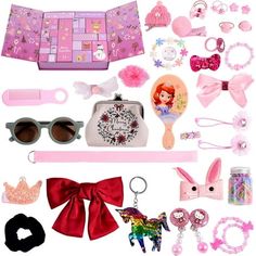 the contents of a barbie doll's accessories set including sunglasses, hair clips, bracelets and keychains