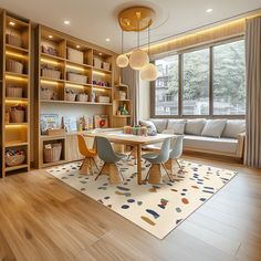 a living room filled with furniture and a large window covered in lots of bookshelves