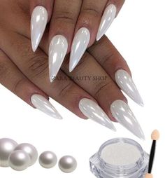 WHITE CHROME POWDER Pigment Pearl Nails Nail Art Crystal Shiny Dust Glazed Donut | eBay Pointed Nail Designs, Nail Art Blanc, White Chrome Nails, Chrome Nail Art, Bridal Nail Art, Pointy Nails, Nail Art Glitter, White Glitter Nails, Pointed Nails