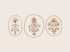 three oval drawings with flowers in them