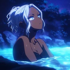 a woman with white hair standing in the water looking up at the sky and clouds