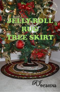 a small christmas tree with ornaments on it and the words jelly roll rug free skirt