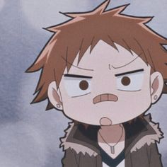 an anime character with brown hair and black eyes looking at the camera while wearing a jacket