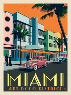 an image of a vintage miami art deco district poster with people walking on the street