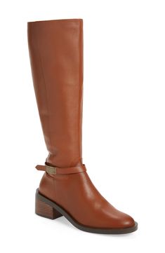 Minimalist hardware adorns the slim wraparound belt of a leather knee-high riding boot set on a low, stacked heel. 2" heel 16" shaft; 14 1/2" calf circumference Leather upper/synthetic lining/rubber sole Imported Womens Riding Boots, Riding Boot, Stacked Heel, Boot Shoes Women, Mid Calf, Cognac, Riding Boots, Knee High, Bootie Boots